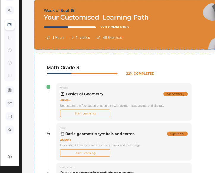 Student Dashboard - Customized learning path with Math Grade 3 geometry lessons and progress tracking